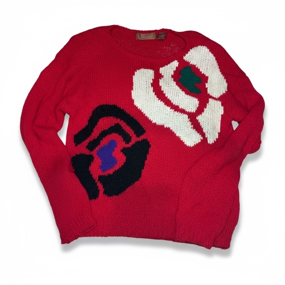 Vintage Worthington Sweater L Petite | Red Floral Knit | 80s 90s Retro Korea - Picture 2 of 9